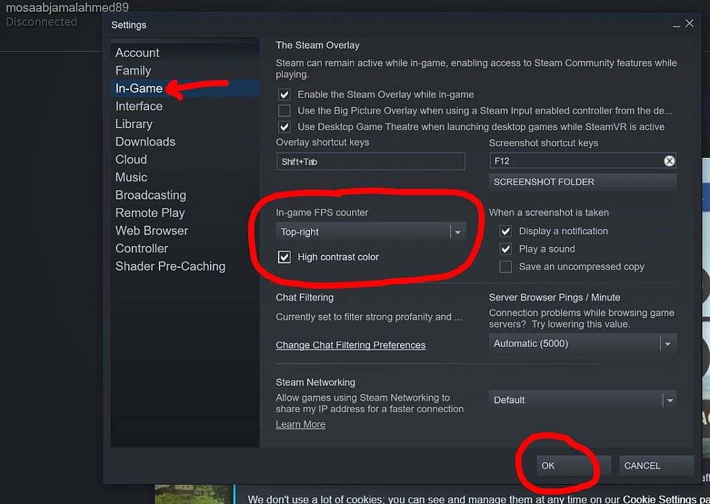 Steam in-game settings for monitoring FPS in gaming